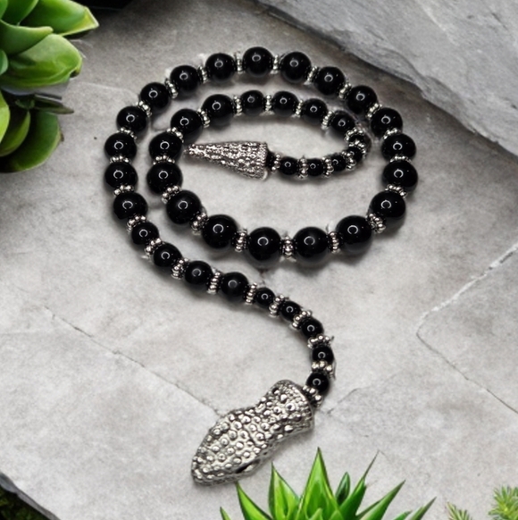 Designer Jewelry - Sculptural Onyx Beaded Snake Serpent Statement Necklace